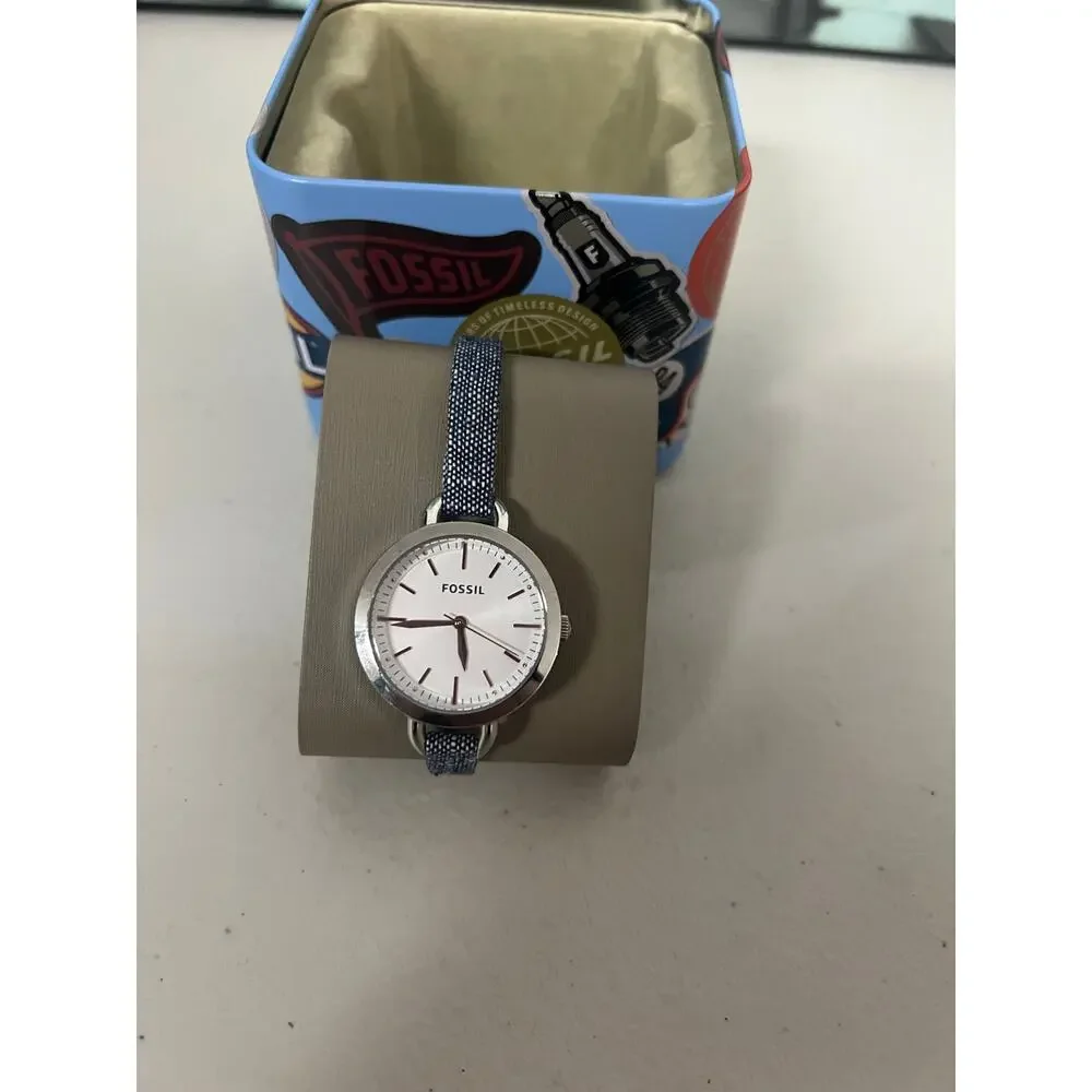 Fossil BQ3357 Rye Women 36mm Silver Steel White Dial Denim Strap Quartz Watch